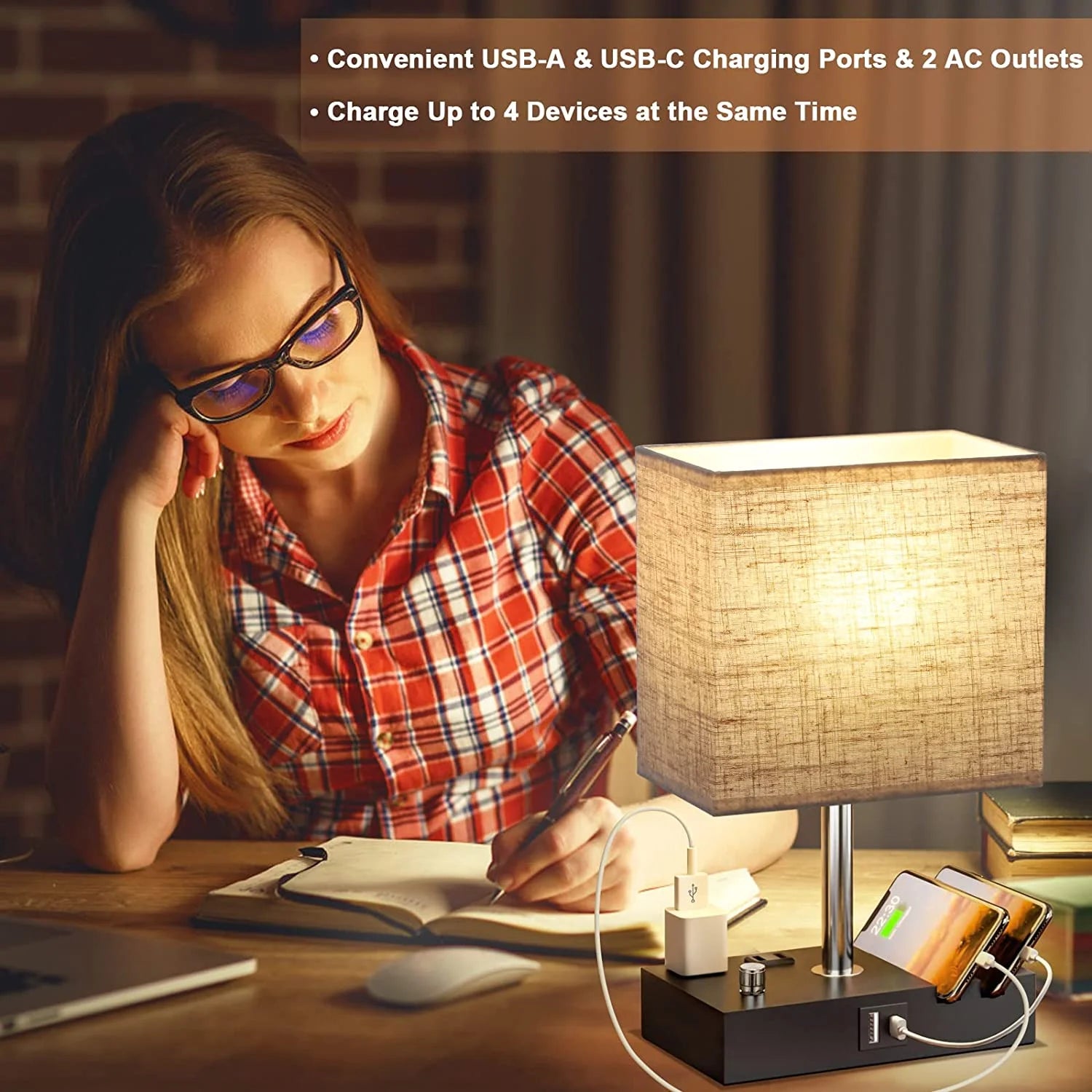 Lámpara De Mesa De Noche Para Dormitorio Con Puertos De Carga USB Rápida Dual, Lámparas De Mesita De Noche Totalmente Regulables Con 2 Soportes Para Teléfono Y 2 Tomas De Carga, Lámpara De Escritorio Con Pantalla De Tela Para Sala De Estar