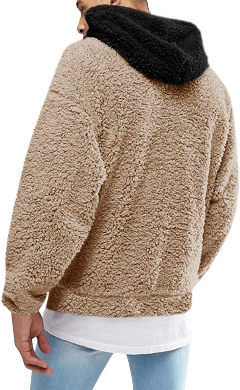 Mens Fuzzy Sherpa Pullover Hoodie Sweatshirts Long Sleeve Sport Front Pocket Fall Outwear Winter Hooded