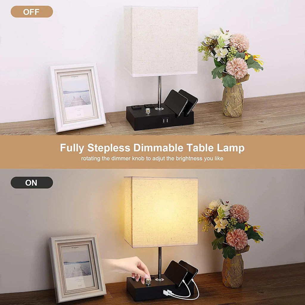 Lámpara De Mesa De Noche Para Dormitorio Con Puertos De Carga USB Rápida Dual, Lámparas De Mesita De Noche Totalmente Regulables Con 2 Soportes Para Teléfono Y 2 Tomas De Carga, Lámpara De Escritorio Con Pantalla De Tela Para Sala De Estar