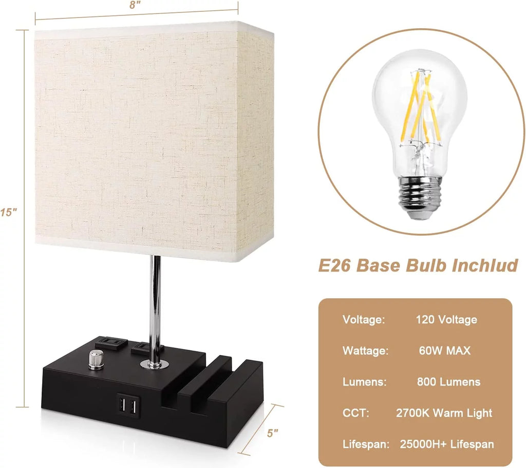 Lámpara De Mesa De Noche Para Dormitorio Con Puertos De Carga USB Rápida Dual, Lámparas De Mesita De Noche Totalmente Regulables Con 2 Soportes Para Teléfono Y 2 Tomas De Carga, Lámpara De Escritorio Con Pantalla De Tela Para Sala De Estar