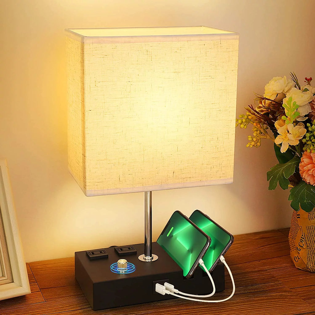 Lámpara De Mesa De Noche Para Dormitorio Con Puertos De Carga USB Rápida Dual, Lámparas De Mesita De Noche Totalmente Regulables Con 2 Soportes Para Teléfono Y 2 Tomas De Carga, Lámpara De Escritorio Con Pantalla De Tela Para Sala De Estar